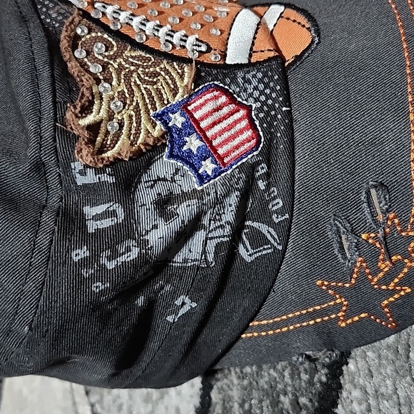 EMBROIDERED FOOTBALL ANGEL WINGS STARS DISTRESSED RHINESTONES CADET CAP HAT - Picture 2 of 15